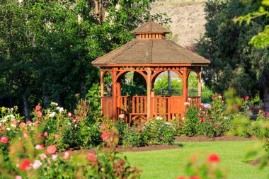 Cedar wooden gazebo at the rose garden in the city park of Penticton, British Columbia, Canada located in the Okanagan Valley.