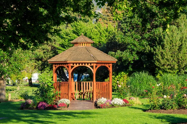 Cedar wooden gazebo at the rose garden in the city park of Penticton, British Columbia, Canada located in the Okanagan Valley.