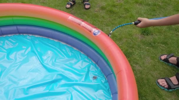 Children Inflate Small Pool Pump Idea Recreation Yard Nature High — Stockvideo