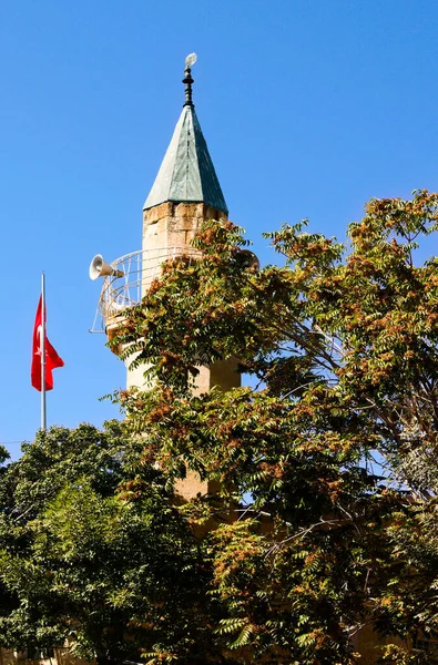 緑の木の葉で覆われたクローズアップビューミナレット 青空の背景 ミナレットの近くのトルコ国旗 — ストック写真