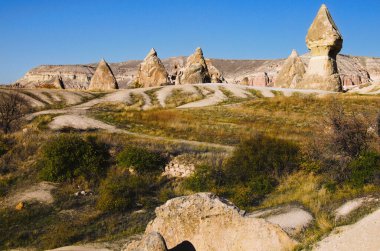 Cappadocia 'daki ulusal parktaki doğa manzarasının panoramik görüntüsü. Arkasında yeşil ağaçlar ve kumtaşı tepeleri olan resimli bir vadi. Muhteşem kaya oluşumları. Seyahat ve turizm kavramı.