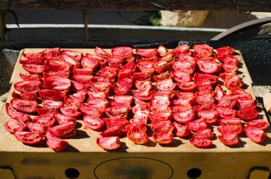 Evde domatesleri kurutma işlemi. Kırmızı domateslerin yakın çekim görüntüsü güneş kurulanması için karton bir kutunun üzerine serilmiştir. Ev yapımı kurutulmuş domates..