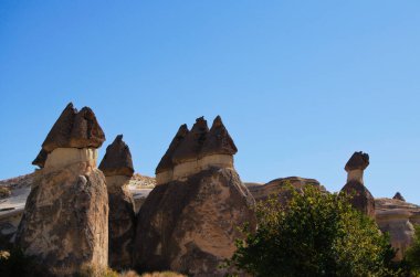 Mavi gökyüzüne karşı şekillendirilmiş kumtaşı kayaların inanılmaz doğa manzarası. Goreme yakınlarındaki Pasaba Vadisi 'nde ünlü Peri Bacaları ya da çok başlı taş mantarlar. Türkiye 'de popüler seyahat hedefi.