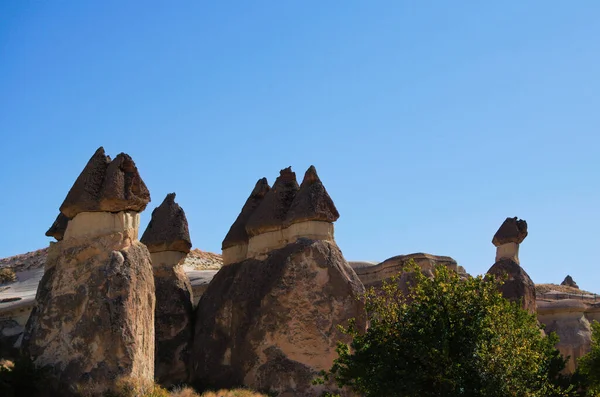 在蓝天的映衬下 形成的砂岩岩石呈现出不可思议的自然景观 位于戈雷梅附近帕萨巴谷的著名仙女烟囱或多头石菇 土耳其受欢迎的旅游目的地 — 图库照片