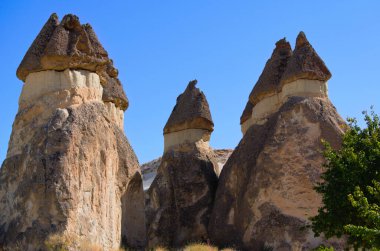 İnanılmaz şekilli kumtaşı kayaları. Ünlü Peri Bacaları veya Goreme yakınlarındaki Pasaba Vadisi 'nde çok başlı taş mantarlar. Sıra dışı kaya oluşumu. Türkiye 'de popüler seyahat merkezi. UNESCO Dünya Mirası Sitesi