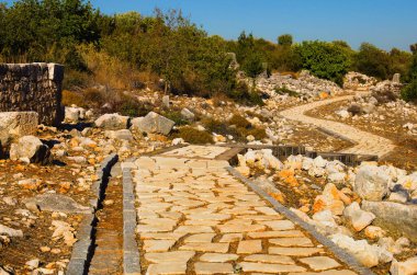 Antika binaların yıkıntıları boyunca antik dolambaçlı taş yolu manzarası. Türkiye 'nin Mersin ilinin Kanlidivane antik kenti. Seyahat ve turizm kavramı.