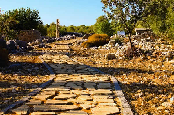 Antika binaların yıkıntıları boyunca antik dolambaçlı taş yolu manzarası. Türkiye 'nin Mersin ilinin Kanlidivane antik kenti. Seyahat ve turizm kavramı.