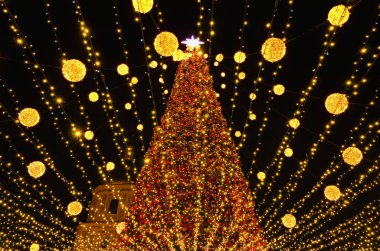 Kyiv, Ukrayna - Ocak 08.2022: Kyiv 'deki Sofya Meydanı' ndaki Ana Ukrayna 'nın Yeni Yıl ağacının tepesine yakın çekim. Arka planda antik Sophia katedralinin çan kulesi. Manzaralı kış sabahı.