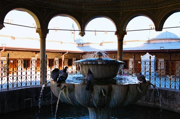 一群口渴的鸽子正在从喷泉里喝水 鸽子在喷泉里洗澡 Mevlana博物馆内院 — 图库照片