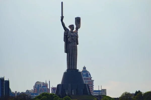 Mother Motherland Monument One Symbols Kyiv Modern High Rise Buildings — Fotografia de Stock