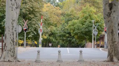 İnen bariyer ve kırmızı ışıkla tren yolu kesişiyor. Sonbahar peyzajı demiryolu alçalan bariyer ve kırmızı ışıkla kesişiyor. Sonbahar manzara arkaplanı