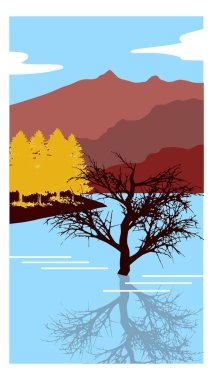 Dead tree in the lake landscape for wallpaper, postcard, poster, print, banner, travel advertising, background, vector illustration
