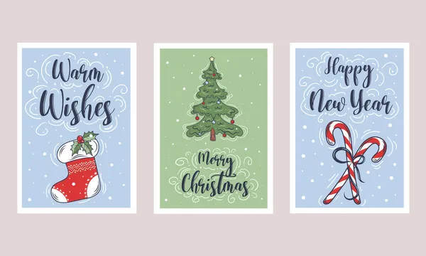 Ensemble Cartes Voeux Joyeux Noël Bonne Année Avec Des Éléments — Image vectorielle