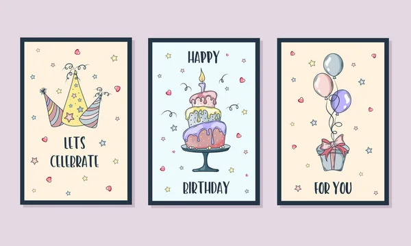 Conjunto Tarjetas Felicitación Cumpleaños Tarjetas Regalo Feliz Cumpleaños — Archivo Imágenes Vectoriales