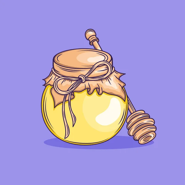 Vaso di miele con bastone vettore illustrazione piatta, stile cartone animato singola icona pentola miele vettore piatto isolato su sfondo. Simbolo di miele naturale icona. — Vettoriale Stock