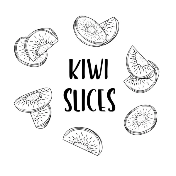 Handgezeichnete Kiwi-Kollektion mit Tusche und Federzeichnung. Gekritzelte Kiwi-Früchte. Isoliertes Vektordesign für Obst- und Gemüseprodukte und Gesundheitsgüter. — Stockvektor