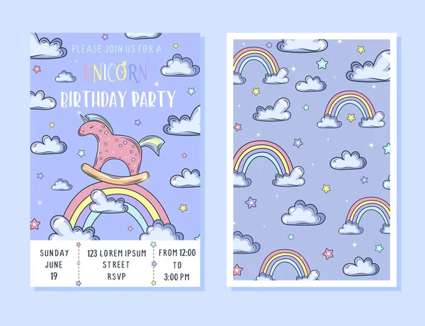 Plantilla de tarjeta de invitación de fiesta de cumpleaños con un lindo unicornio y fondo de arco iris — Archivo Imágenes Vectoriales