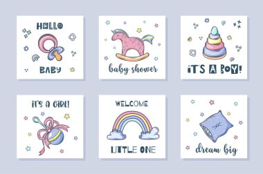 set of vector cards for baby shower party, hand lettering in scandinavian style clipart