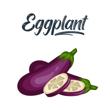 Patlıcan seti beyaz arka planda izole edildi. Tam, dilimlenmiş, yarısı taze patlıcan. Salata için vektör malzemeleri.