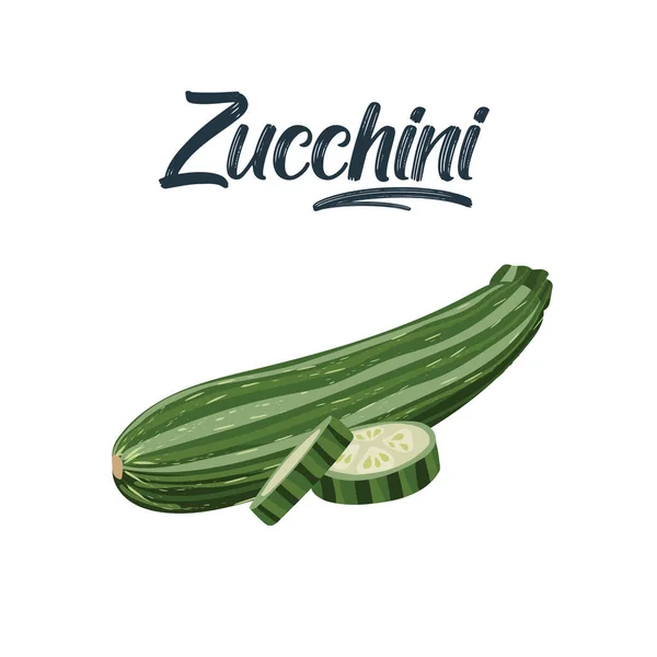 Les courgettes sont fraîches. Courge entière, la moitié avec des graines et des tranches en coupe transversale.Légumes, ingrédient, l'élément de conception de l'emballage pour les aliments, recettes. Isolé sur l'illustration vectorielle blanche. style plat — Image vectorielle