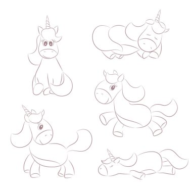 Şirin tek boynuzlu at seti. Çocuk boyama sayfası. El çizimi vektör illüstrasyonu.