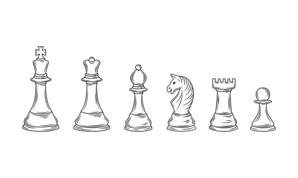 Set di schizzi disegnati a mano di scacchi su sfondo bianco. Scacchi. Scacco matto. Re, Regina, Vescovo, Cavaliere, Torre, Pedone. Icone vettoriali. — Vettoriale Stock