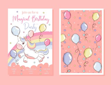 Güzel bir tek boynuzlu at ile doğum günü partisi davetiye şablonu