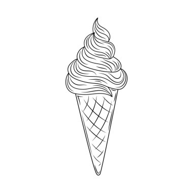 Dondurma resimli güzel vektör el waffle külahı çizmiş. Ayrıntılı retro tarzı görüntü. Etiketler, ambalajlar ve kart tasarımı için klasik taslak ögesi. Modern arkaplan.