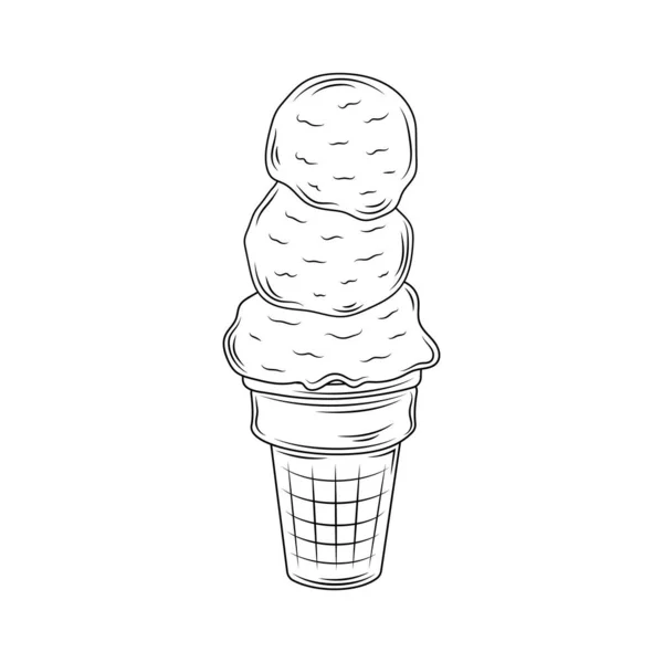 Bonito vetor desenhado à mão waffle cone com sorvete Ilustração. Imagem de estilo retro detalhado. Elemento de esboço vintage para etiquetas, embalagem e design de cartões. Contexto moderno. — Vetor de Stock