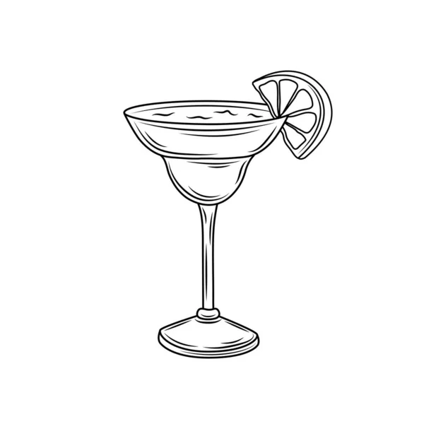 Handritad Margarita cocktailillustration. Vektorskiss av alkoholhaltiga drycker i ett elegant glas. En klassisk cocktail med tequila, apelsinlikör, limejuice, salt handritning isolerad på vitt — Stock vektor