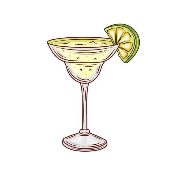 Cocktail Margarita, boisson alcoolisée dessinée à la main avec tranche de citron vert et sel. Illustration vectorielle — Image vectorielle