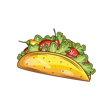 Taco. Meksika geleneksel yemeği vektör elle çizilmiş çizim, menü etiketinin, afiş poster kimlik, marka. Şık tasarım kroki çizim Meksika mutfağı eskiz ile. Taco Isolated beyaz.