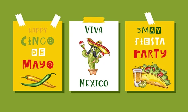 Конструкция поздравительных открыток фестиваля Cinco de Mayo с сомбреро, маракасом, кактусом, халапеньо и текилой. Карикатурный стиль. — стоковый вектор