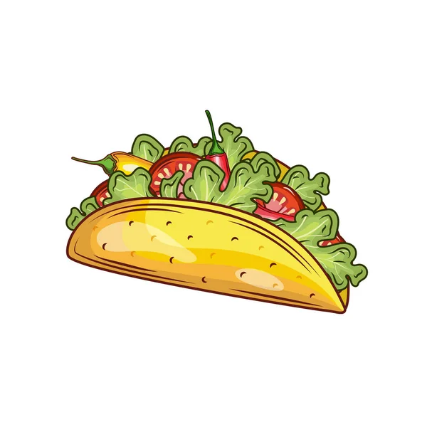 Taco. Meksika geleneksel yemeği vektör elle çizilmiş çizim, menü etiketinin, afiş poster kimlik, marka. Şık tasarım kroki çizim Meksika mutfağı eskiz ile. Taco Isolated beyaz. — Stok Vektör
