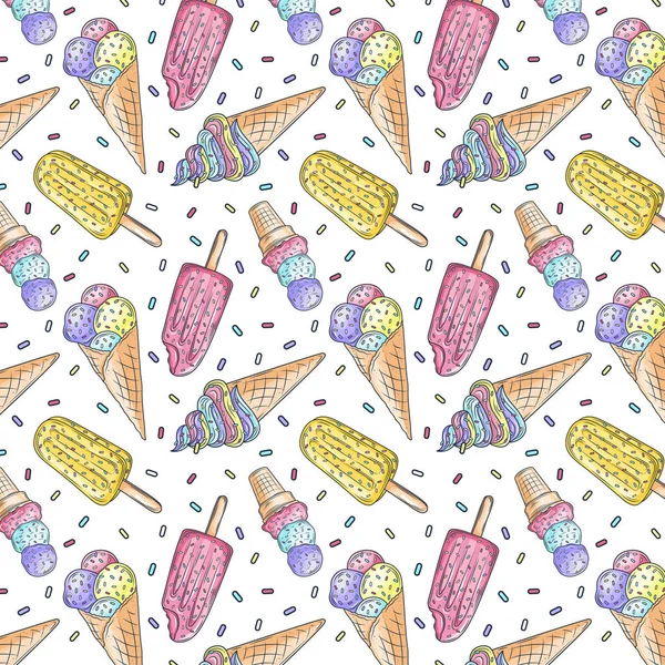 Patrón sin costuras helados. Vacaciones de verano con helados, helados y postre de chocolate congelado. Dibujos animados dulce alimento vector textura — Vector de stock