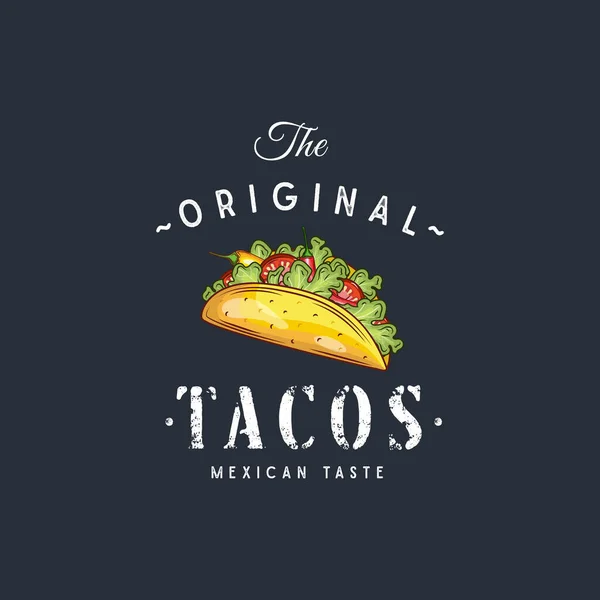 El çizilmiş logotacos siluet ve modern vintage tipografi retro tarzı vektör illüstrasyon. Fast food ambalaj ve restoran menü dekorasyon için Taco tortilla etiket. — Stok Vektör