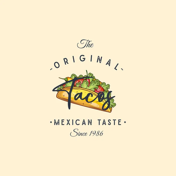 El çizilmiş logotacos siluet ve modern vintage tipografi retro tarzı vektör illüstrasyon. Fast food ambalaj ve restoran menü dekorasyon için Taco tortilla etiket. — Stok Vektör