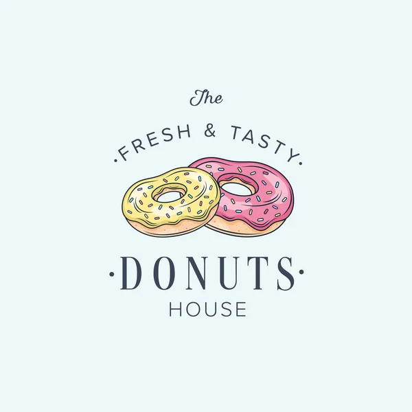 Donuts Shop-Logo. Cafe oder Bäckerei Emblem. Donut mit Schriftzug und kleinen Bonbons. Identität. Visitenkarte — Stockvektor