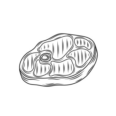 Sığır eti, domuz eti ya da kuzu eti. Kırmızı et eli çizilmiş. İşlenmiş çiğ gıda çizimi. Kasap dükkânı ürünü. Pirzola bifteği illüstrasyonu. Klasik biçim, logo, etiket, restoran menüsü için kullanılabilir.