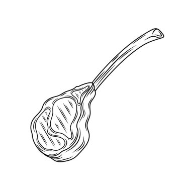 Sığır eti, domuz eti ya da kuzu eti. Kırmızı et eli çizilmiş. İşlenmiş çiğ gıda çizimi. Kasap dükkânı ürünü. Pirzola bifteği illüstrasyonu. Klasik biçim, logo, etiket, restoran menüsü için kullanılabilir.