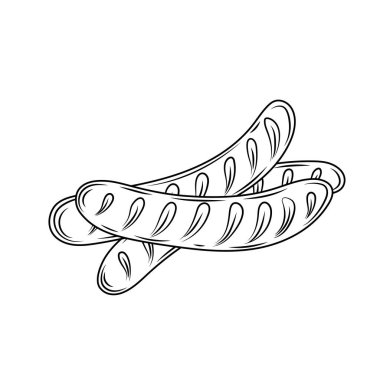 Izgara sosis el çizilmiş anahat doodle simgesi. Baskı, web, mobil ve beyaz arka plan üzerinde izole infographics sosis vektör kroki çizim.