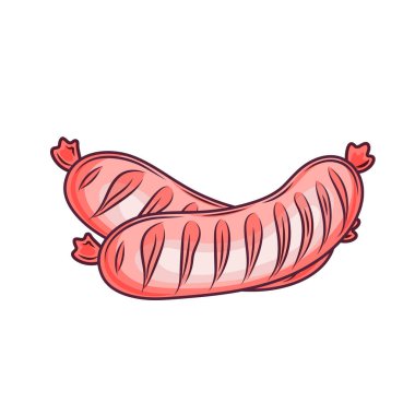 Pişmiş sosis yemek et sosis domuz barbekü akşam yemeği yığını yemek sıcak ızgara vektör çizim pişmiş. Kavrulmuş sağlıksız beslenme Kızarmış sosis partisi geleneksel yemekleri.