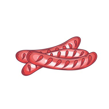 Pişmiş sosis yemek et sosis domuz barbekü akşam yemeği yığını yemek sıcak ızgara vektör çizim pişmiş. Kavrulmuş sağlıksız beslenme Kızarmış sosis partisi geleneksel yemekleri.
