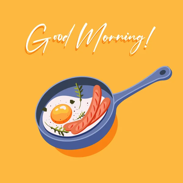 Diseño de póster de menú de desayuno. Huevo frito y salchicha en sartén. Carta manuscrita del menú del desayuno. Ilustración vectorial . — Vector de stock