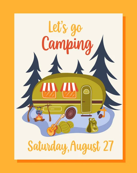 Summer camp concept Camping and Travelling on holiday with different equipment such as tent, backpack and others. Poster in flat style, vector illustration. — Stockový vektor