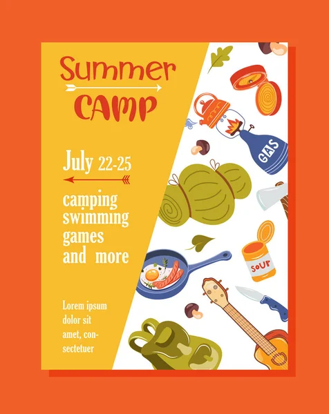 Summer camp concept Camping and Travelling on holiday with different equipment such as tent, backpack and others. Poster in flat style, vector illustration. — Stockový vektor