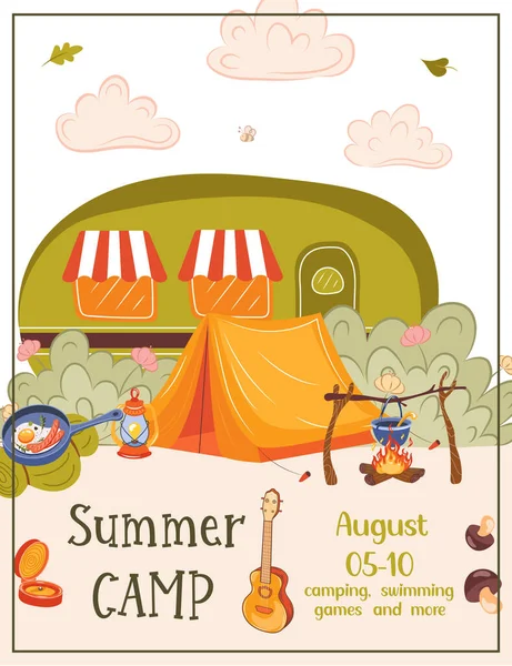 Summer camp concept with handdrawn lettering, Camping and Travelling on holiday with different equipment such as tent, backpack and others. Poster in flat style, vector illustration. — Stockový vektor
