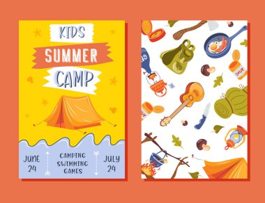 Çocukların yaz kampı broşürleri, el yazısıyla yazılmış mektuplar, tatilde kamp ve seyahat, çadır, sırt çantası ve diğerleri gibi birçok kamp malzemesi, düz stil, vektör çizimi..