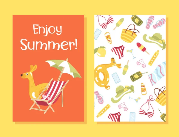 Ensemble vectoriel de cartes d'été lumineuses. Affiches avec citron, vêtements de plage, lunettes de soleil. — Image vectorielle