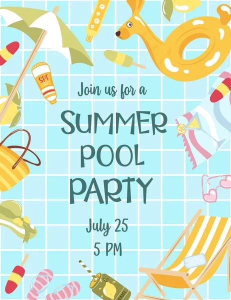 Havuz partisi için vektör parlak ve eğlenceli reklam posteri şablonu. Renkli yüzme halkası, plaj topu ve harfler güneşli vurgular ile kristal temiz su üzerinde yüzer. Arka planda havuz döşeme dokusu.